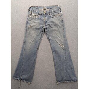 VTG True Religion Joey Jeans Mens 34x33 Blue Distressed Made in USA Flared Denim